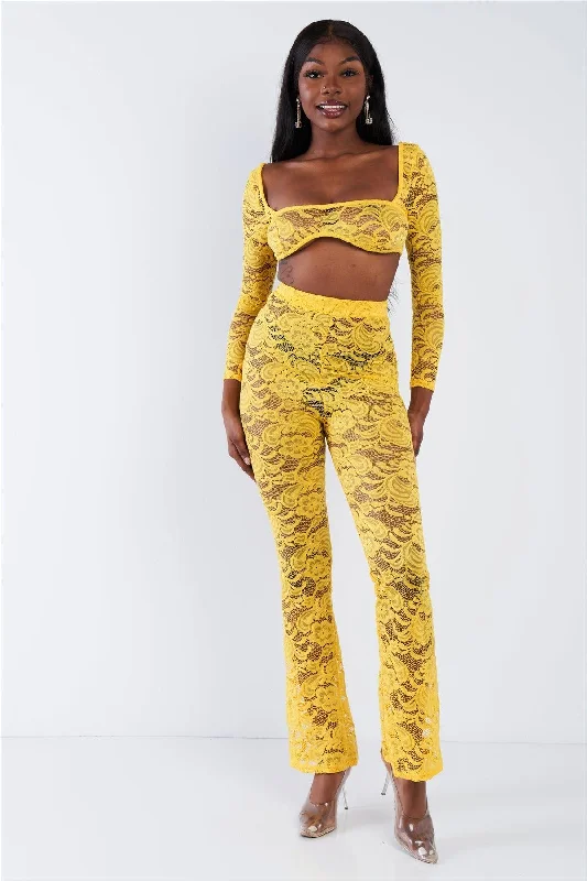 Yellow Sheer Floral Lace Crop Top & Flare Pant Set