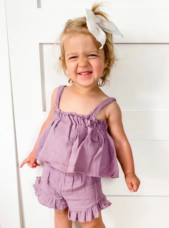 Baby Girls 2-Piece Mauve Linen Ruffle Leg Shorts & Top