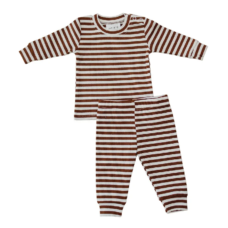 Ribbed Two-Piece Cozy Set - Dark Rust + White Striped