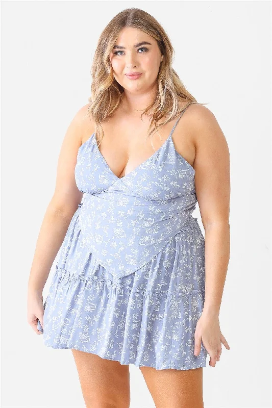 Plus Size Blue Flower Hanky Hem Top & High Waist Mini Skirt Set