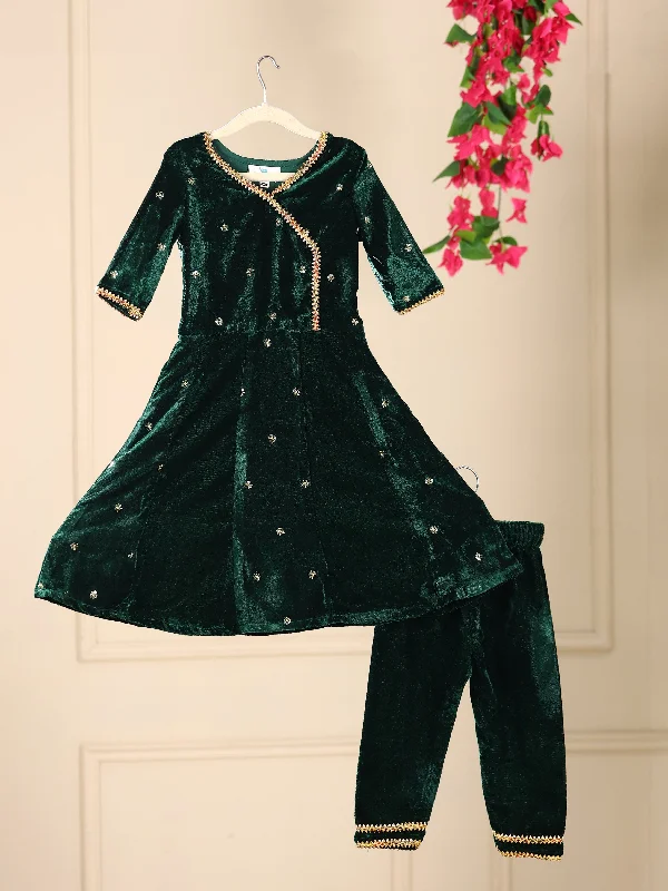 Pre-Order- GIRL VELVET KURTA AND PANT SET - BOTTLE GREEN