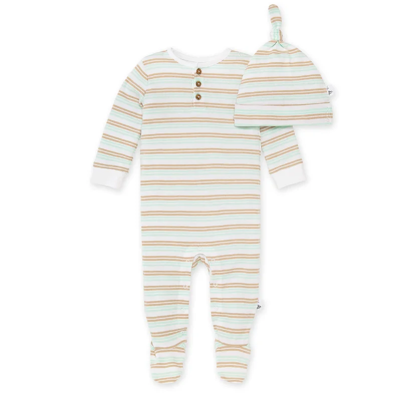 Jumpsuit and Knot Top Hat Set - Coastal Stripe - Soft Mocha