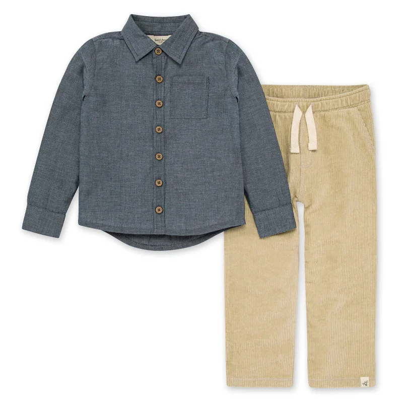 Button Down Shirt and Raised Rib Pant Set - Chambray / Tan