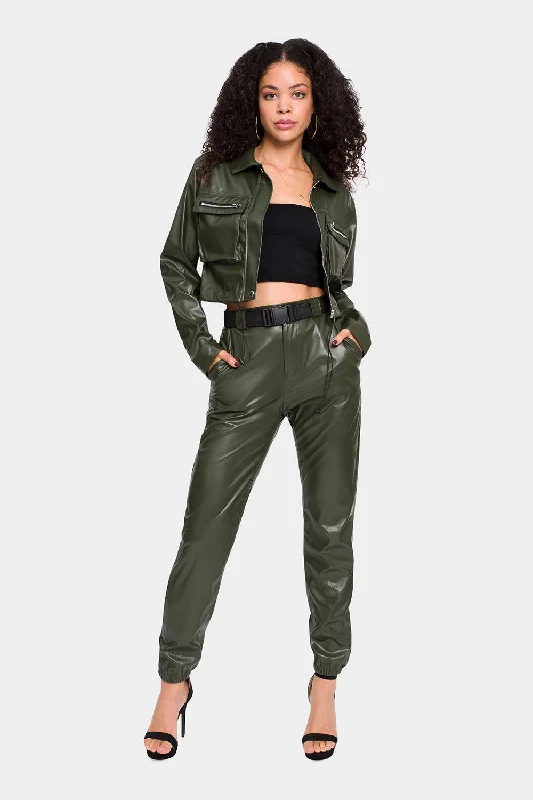 Faux Leather Cropped Jacket High Rise Jogger Set