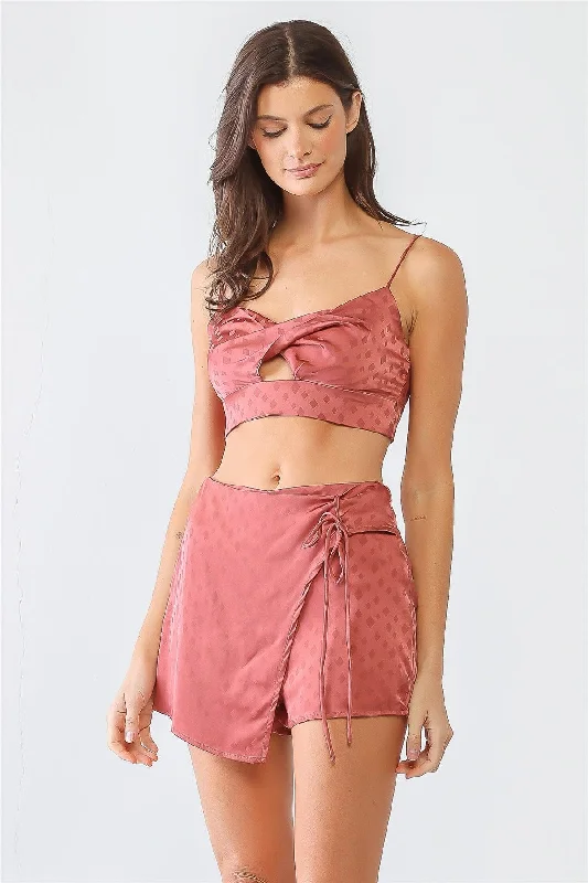 Diamond Print Satin Crop Top & Wrap Hem Shorts Set