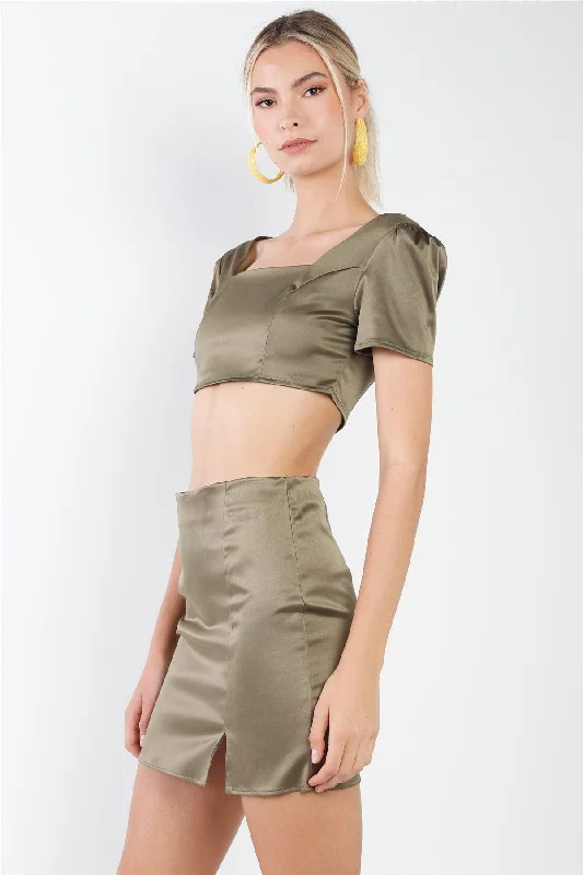 Olive Satin Effect Square Neck Crop Top & High Waist Slit Detail Mini Skirt Set /3-2-1