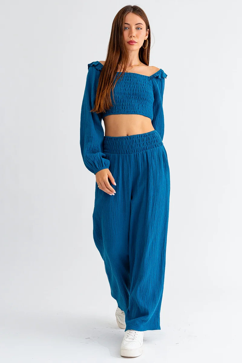 Cotton Smocked Long Sleeve Crop Top & Mid Waist Pants Set