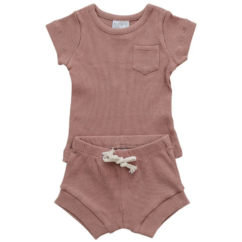 Organic Cotton Ribbed Short Set - Dusty Rose