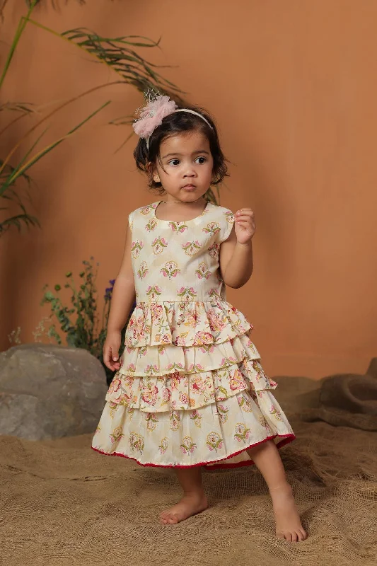 Pre-Order- GIRL FLORAL TIERED FROCK-BEIGE