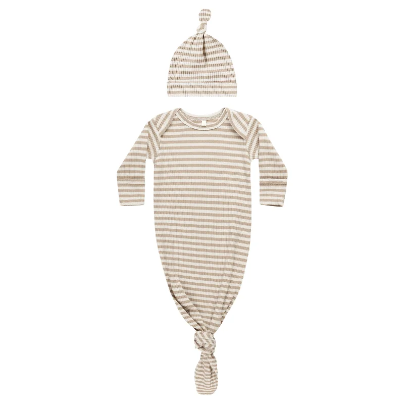 Knotted Baby Gown + Hat Set - Latte Stripe