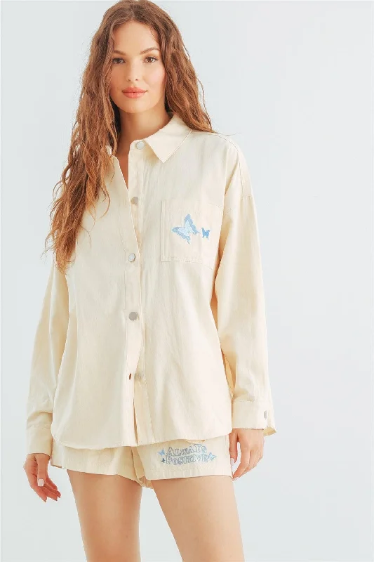 Cream Cotton Button-Up Collared Neck Jacket & High Waist Shorts Set /1-2-2-1