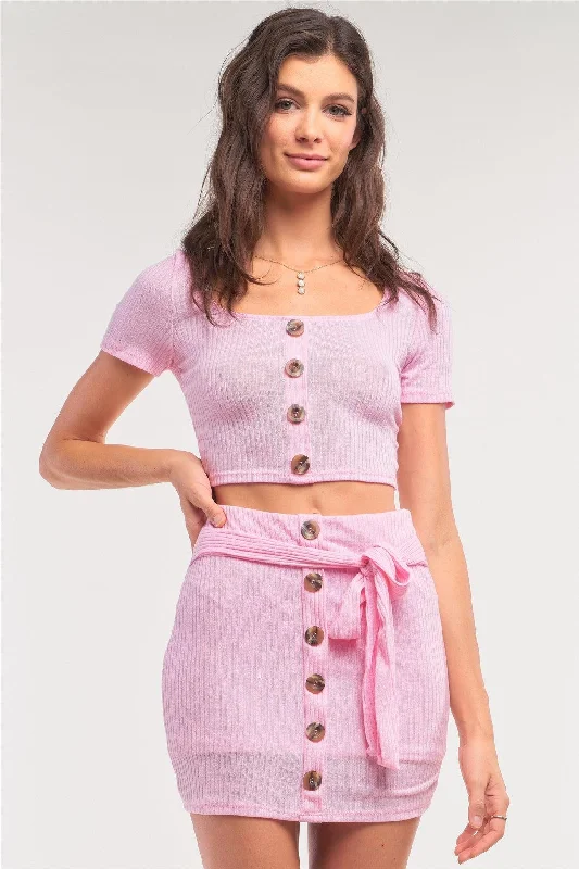 Ribbed Button Down Crop Mock Wrap Mini Skirt Set