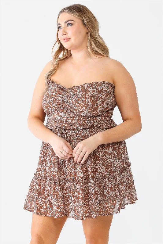 Plus Size Floral Ruched Ruffle Top High Waist Flare Skirt Set