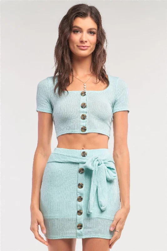 Mint Ribbed Scoop Neck Button Down Crop & Mock Wrap Mini Skirt Set