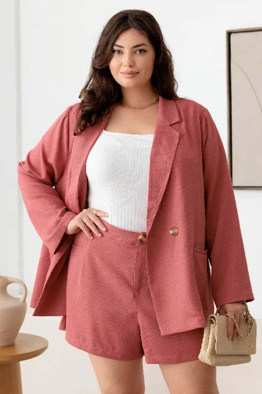 Plus Size Coral Blazer & Plated Short Set