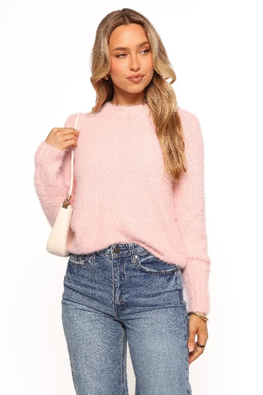 Aspra Fuzzy Crewneck Knit Sweater - Pink