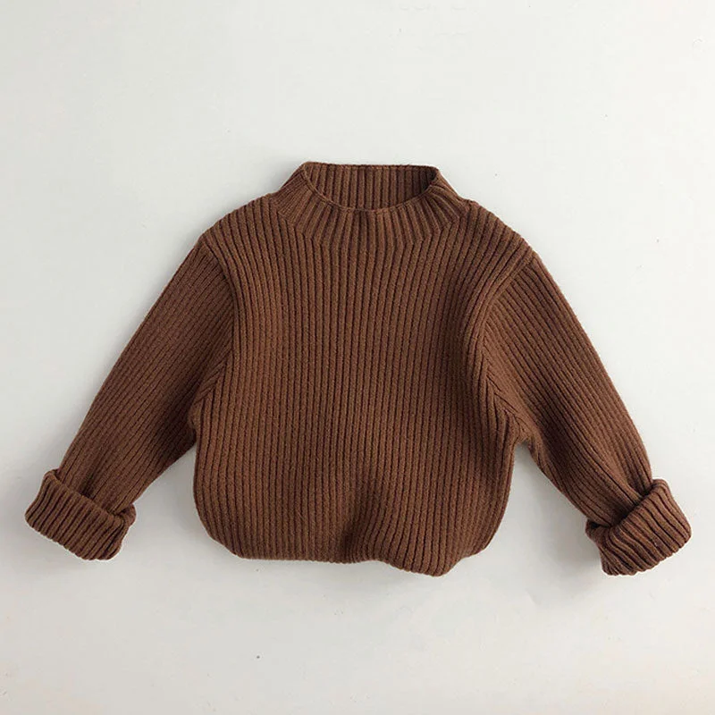 Basic Solid Color Mock Neck Long Sleeve Chunky Ribbed Knit Kids Pullover Sweater