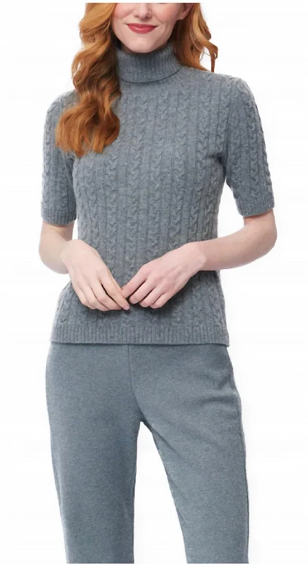 Leo Short Sleeve Cable Knit Turtleneck In Gray