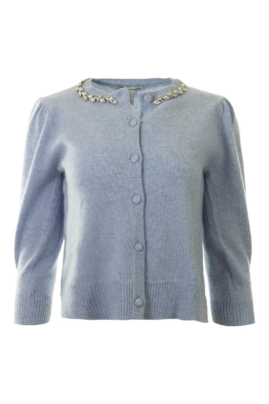 Autumn Cashmere Rhinestone Trimmed Puff Sleeve Cardigan