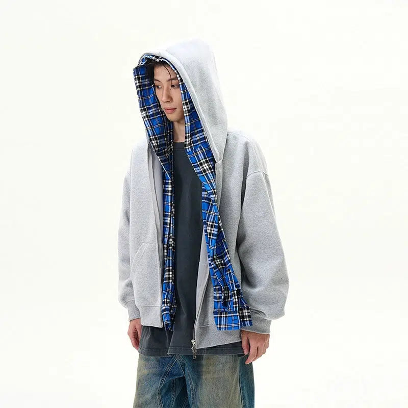 Plaid Patchwork Hooded Zipper Sweatshirt