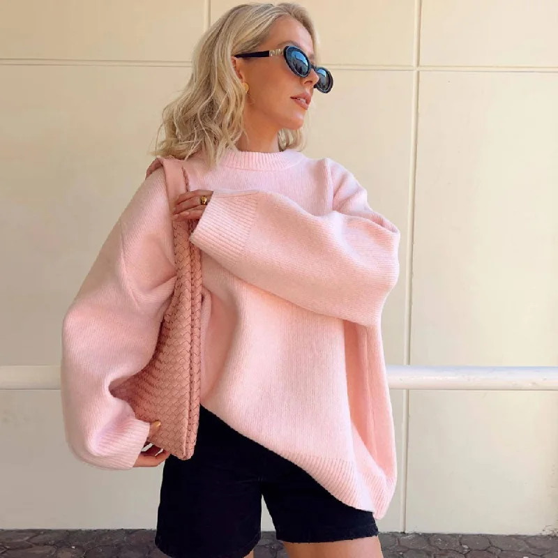 Sweet Ribbed Knit Crew Neck Drop Shoulder Long Sleeve Oversized Sweater