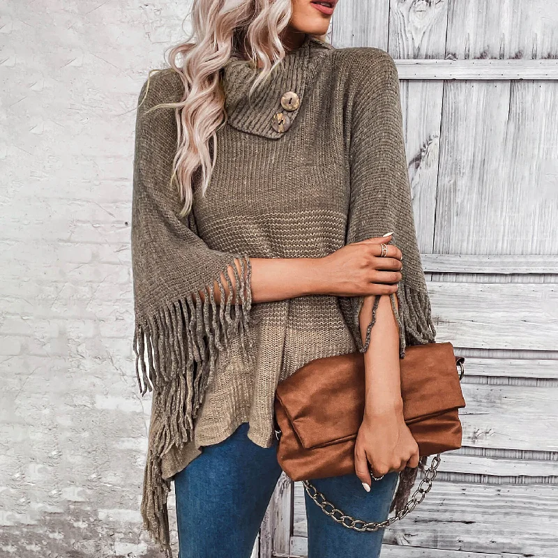 Boho Chic Button Trim Split Turtleneck Color Panel Fringe Oversized Knit Cape Sweater