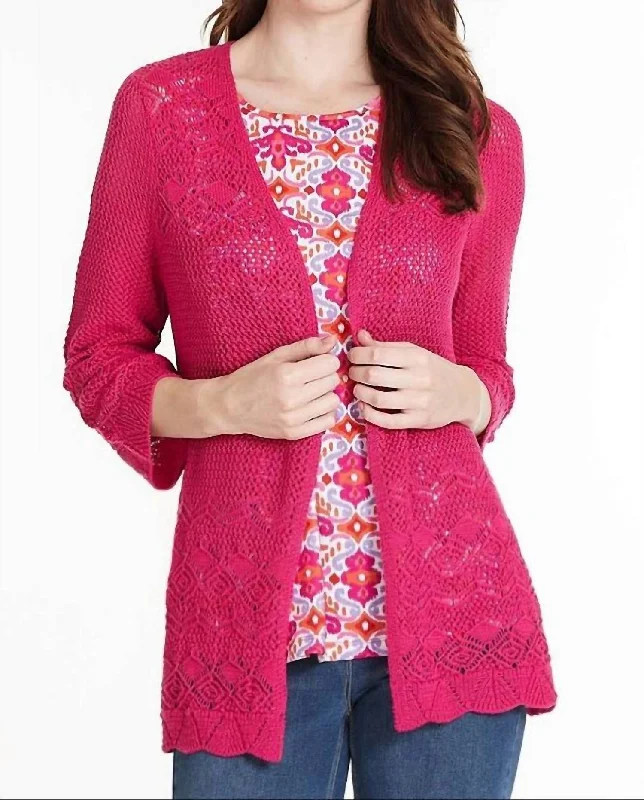 Scallop Edge Crochet Sweater Cardigan In Fuschia