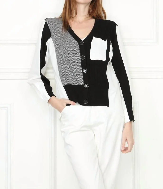 Mix Media Shirt Cardigan In Black/white