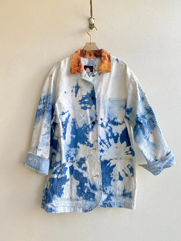 Blue Acid Wash Denim Coat w/Orange Dyed Collar & Patch Pockets (Reworked)