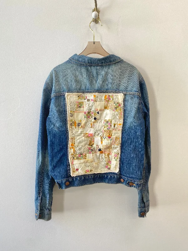 Denim Jacket with Patchwork (Quilted Rectangle & Lace Trim) (Reworked)