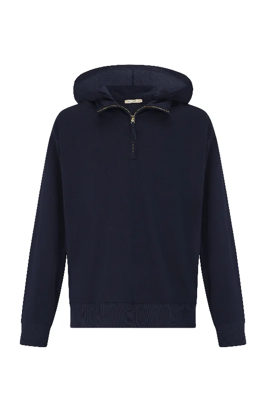 Navy Mock Neck Knit Jacket w/ Hood