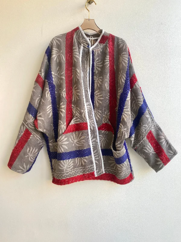 Reversible Ishani Quilted Jacket in Colors Brown Palm Tree & Grey with Red & Blue Stripe