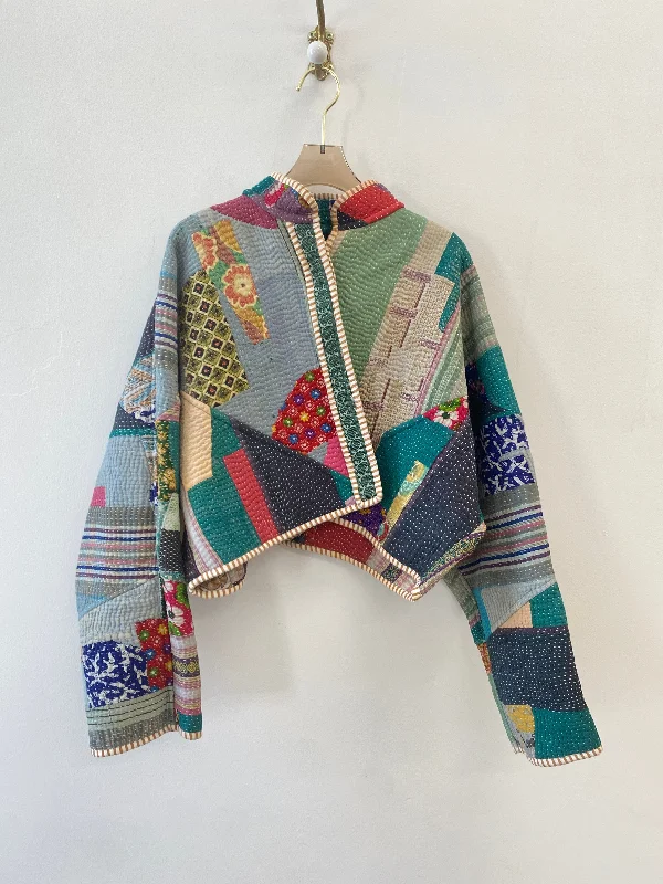 Reversible Kaira Quilted Cropped Jacket in Pastel Blue, Green w/ Floral Patchwork & Multi-Color Patchwork w/ Pink & Purple Stripes