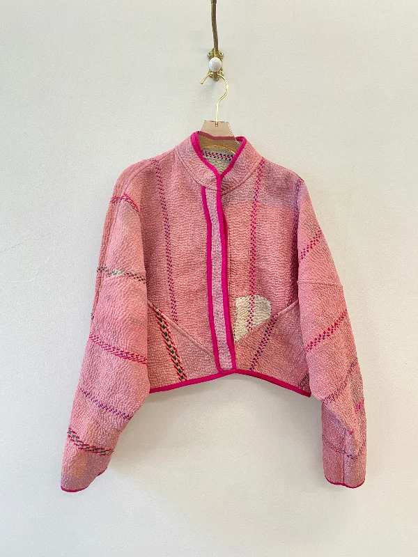 Reversible Kaira Quilted Cropped Jacket in Colors Hot Pink w/ Green, Red, Purple Embroidered Stripes & Beige w/ Purple, Red, Green, Hot Pink Embroidered Stripes