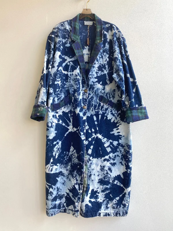 Vintage Hand Dyed Button Up Denim Trench Coat w/ Green Plaid Flannel Facings (Reworked)