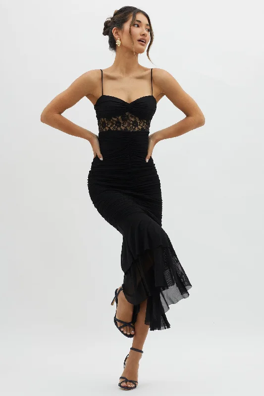 Cherubim Lace Insert Ruched Midi Dress Black