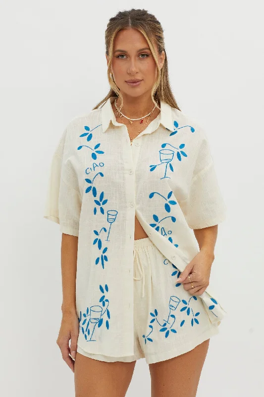 Ciao Ciao Embroidered Button-Up Shirt Beige