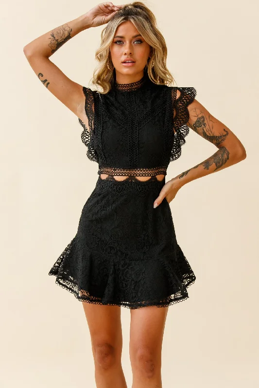 Elisha Crochet Detail Lace Overlay Dress Black