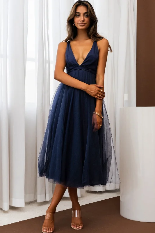 Floating By Plunging Neckline Mesh Overlay Midi Dress Navy