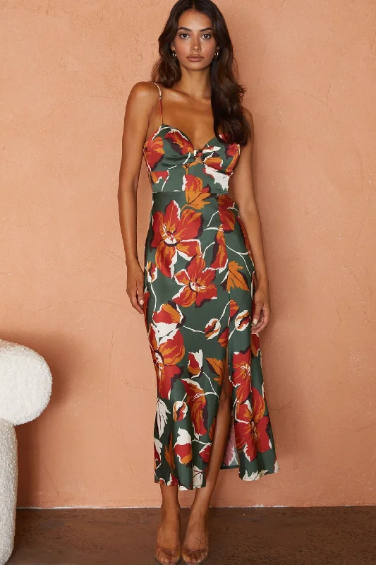 Missoula Cami Strap Padded Bust Midi Dress Floral Print Green