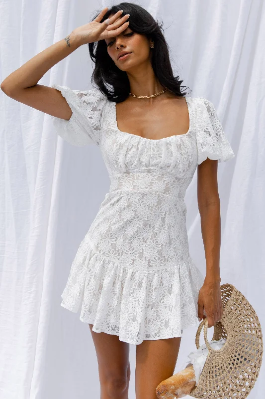 Petite Cherie Puff Sleeve Lace-Up Back Dress Lace White