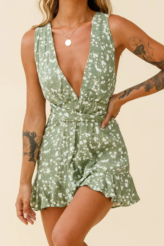 Playa Vista Halterneck Frill Hem Romper Floral Print Olive