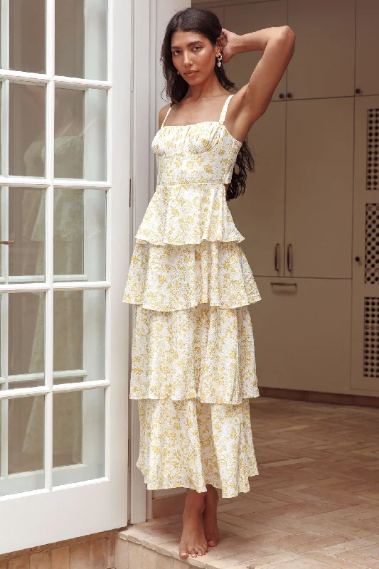 Provence Bloom Tiered Midi Dress Floral Yellow