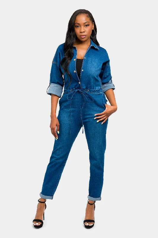 Loose Chain Back Denim Jumpsuit