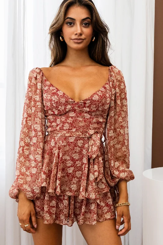 True Love Long Balloon Sleeve Layered Flounce Romper Floral Print Wine