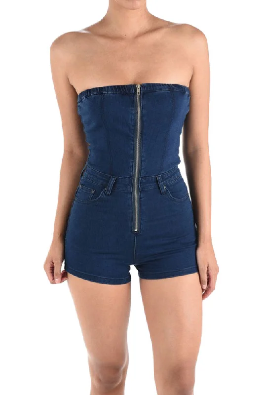 Women's Denim Strapless Zip Up Romper