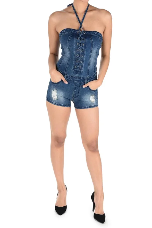 Women's Lace Up Denim Romper