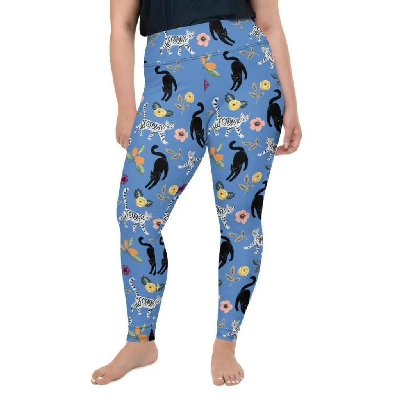 Feline & Flower Pattern Plus Size Leggings