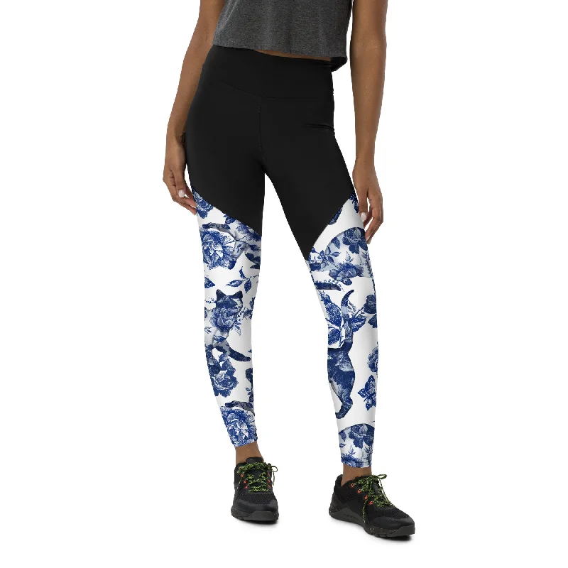 Floral Porcelain Cats Compression Leggings