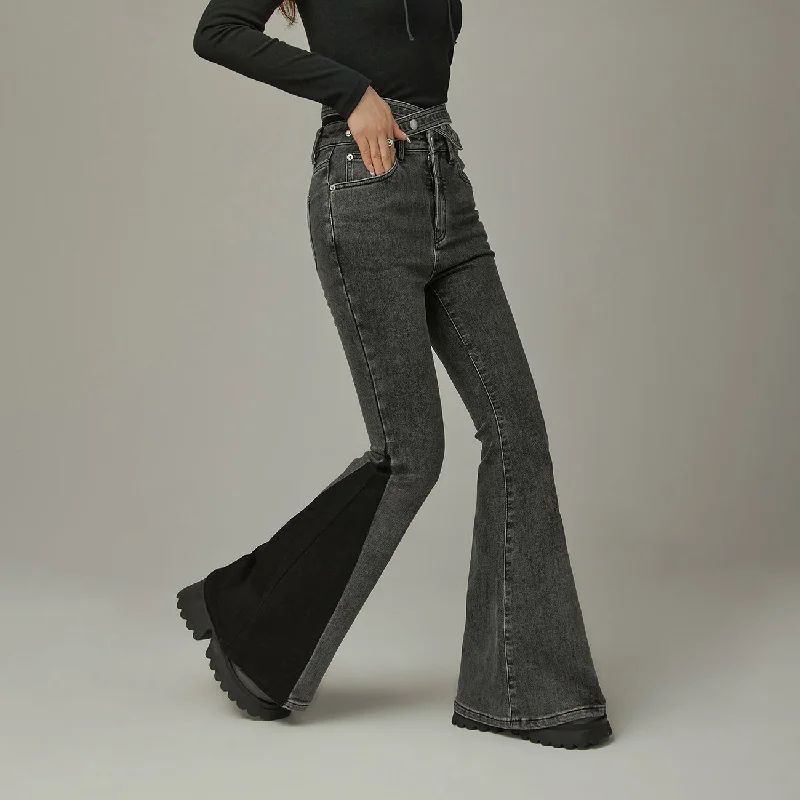 Criss Cross Belt Two Toned Bootcut Denim Pants